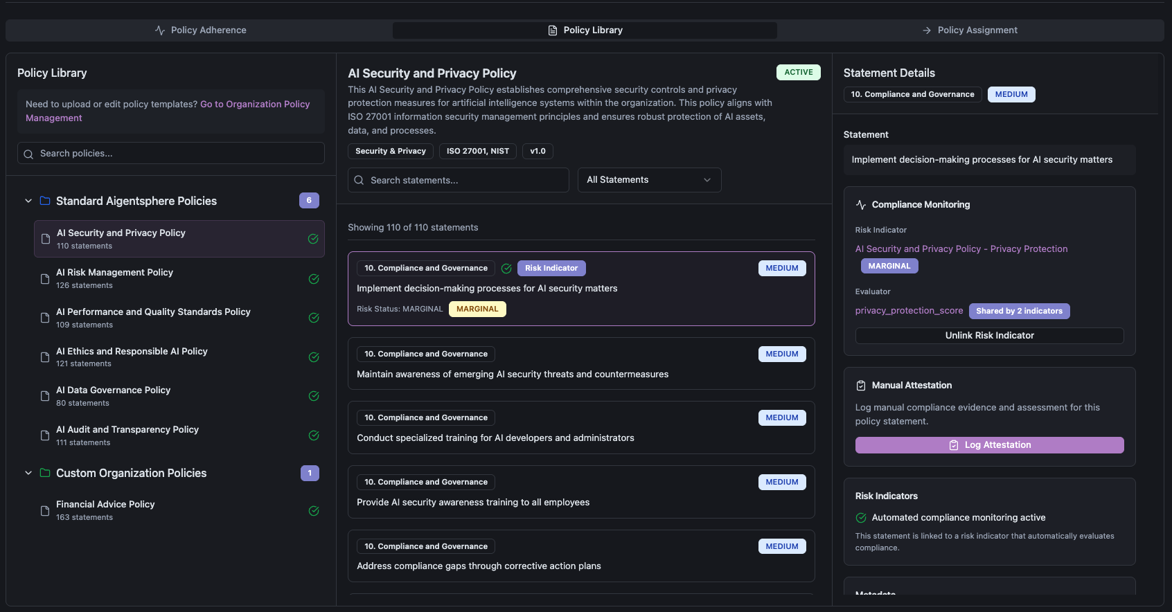 Aigentsphere policy management dashboard showing compliance policies